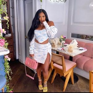 Blue and White Floral Skirt Set